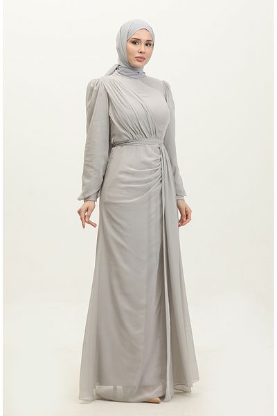 sefamerve Graues Abendkleid mit Falten und Gürtel 5711A-13