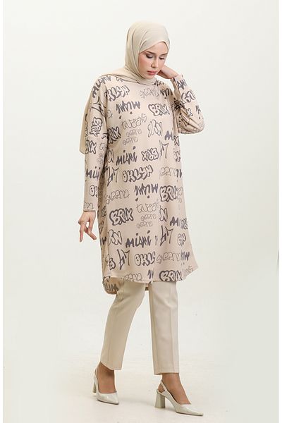 sefamerve Light Beige Patterned Comfortable Tunic 8710-01