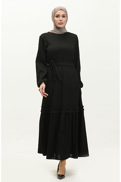 sefamerve Schwarzes Dokumentenkleid mit Kordelzug – NZR003A-03