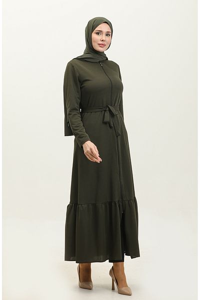 sefamerve Khaki Ferace – mit Kordelzug am Saum und Gürtel 0703-03