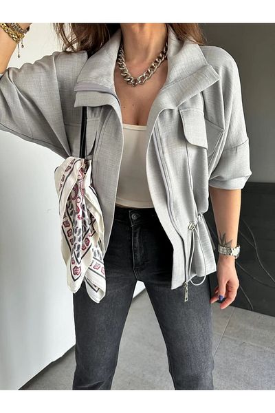QİMYA BUTİK Qimene Women's Large Pocket Waist Drawstring Loose Collar Straight Oversize Coat