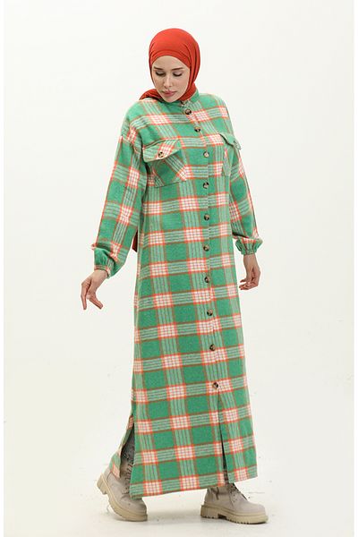 sefamerve Green Long Lumberjack Tunic - Καρό σχέδιο, 0259-01