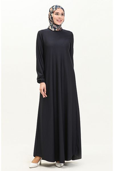 sefamerve Navy Blue Elastic Sleeve Dress - 7777-07
