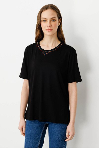 Desen Triko Γυναικείο μπλουζάκι με λαιμόκοψη Basic Combed Cotton Μαύρο