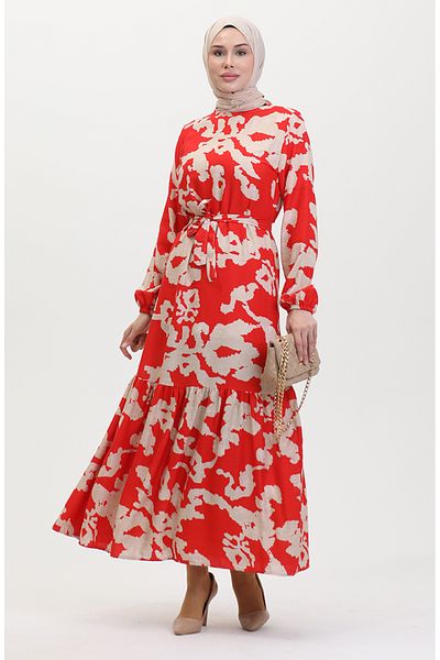 sefamerve Rotes, gemustertes Kleid mit gerafftem Saum – 0451-07