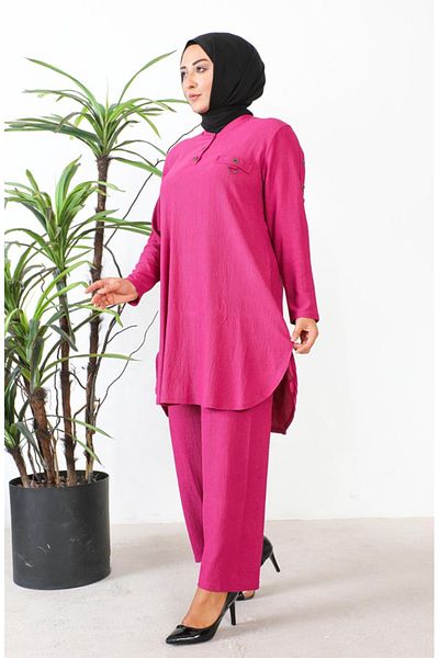 sefamerve Φούξια χιτώνα και παντελόνι Plus Size Suit 2691-09