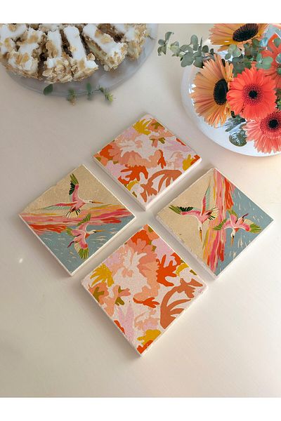 arslart Colorful Stork Bird and Nature Patterned Natural Stone Coasters Set of 4 10X10 cm