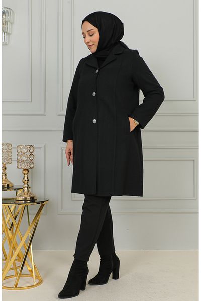 sefamerve Μαύρο Παλτό Cashmere Plus Size 1176-01 - Με κουμπιά