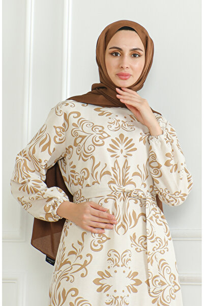 sefamerve Desenli Kuşaklı Keten Elbise 0471B-04 Bej Sütlü kahve