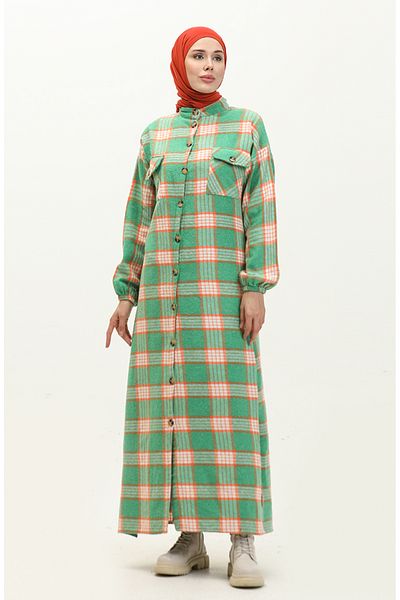 sefamerve Green Long Lumberjack Tunic - Καρό σχέδιο, 0259-01
