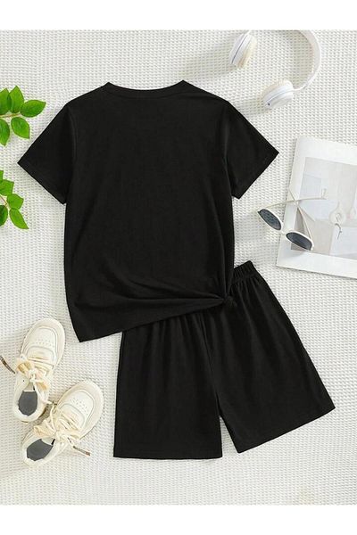 vinraus Girl\Boy Black Milkshake Cat Printed Combed Cotton Shorts-Tshirt Set