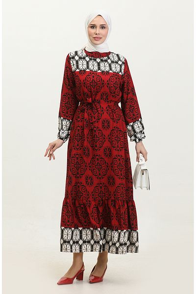 sefamerve Red Viscose Dress - Patterned and Belted 0379-04