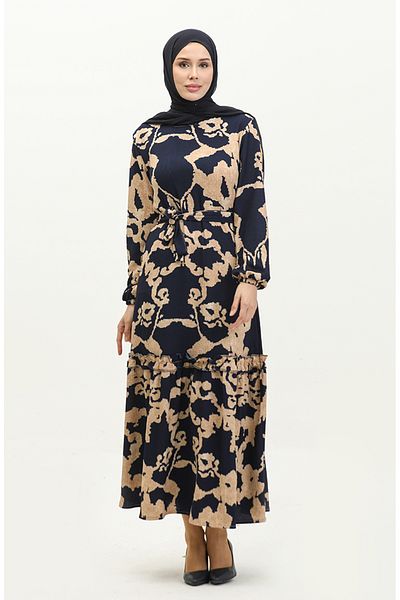 sefamerve Φόρεμα Navy Blue Viscose - με μοτίβο και φύλλο 0277-01