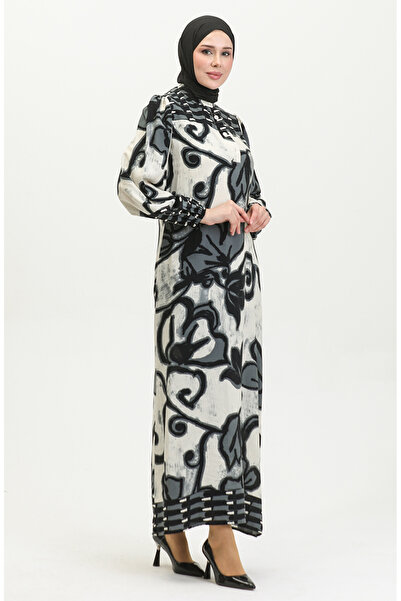 sefamerve Anthracite Beige Viscose Dress - Half Buttoned, Color Garnished 0396-04