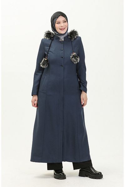 sefamerve Indigo Large Size Hooded Overcoat - 0461-03