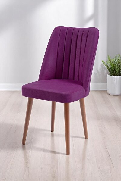 MYMASSA Polo Sandalye - Jerika Mor Kumaş - Ahşap Ceviz Ayak - Mutfak Sandalyesi - Salon Sandalyesi