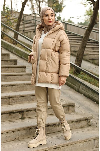 sefamerve Μπεζ Χρώμα Oversize Γεμιστικό Παλτό - 6054-04