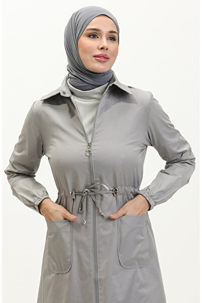 sefamerve Gray Trench Coat 61351-03 - Gathered Waist