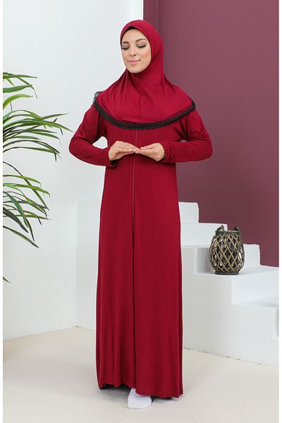 sefamerve Φόρεμα προσευχής βισκόζης - με μαντίλα, Claret Red 4485-01