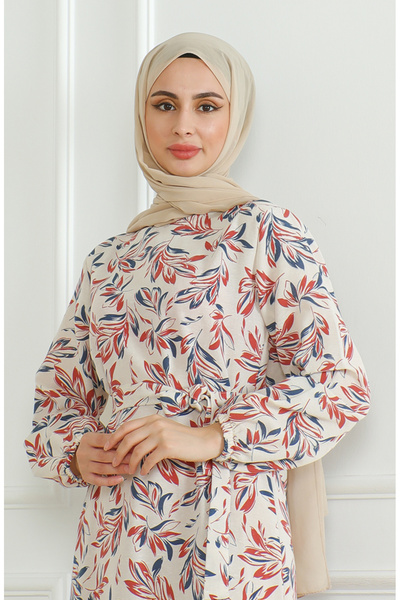 sefamerve 0471-05 Model Beige Tile Linen Dress - Patterned and Belted