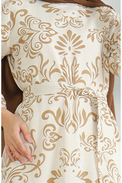 sefamerve Desenli Kuşaklı Keten Elbise 0471B-04 Bej Sütlü kahve