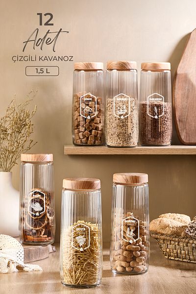 Kitchen Life 12 Pieces 1.5 Liter Mega Size Bamboo Lid Look Striped Jar Set 1500 ml