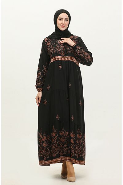 sefamerve Schwarzes Viskose-Kleid mit Blumenmuster in großen Größen - 4084-03
