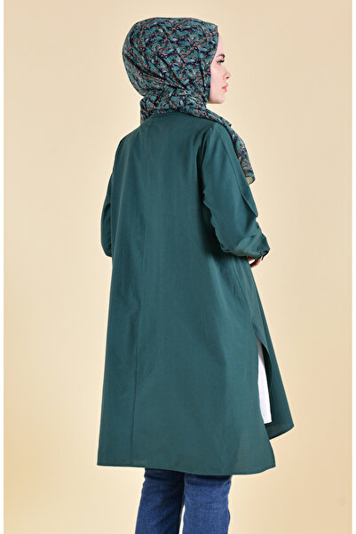 sefamerve Gizli Düğmeli Yırtmaçlı Tunik 6478-05 Zümrüt Yeşili