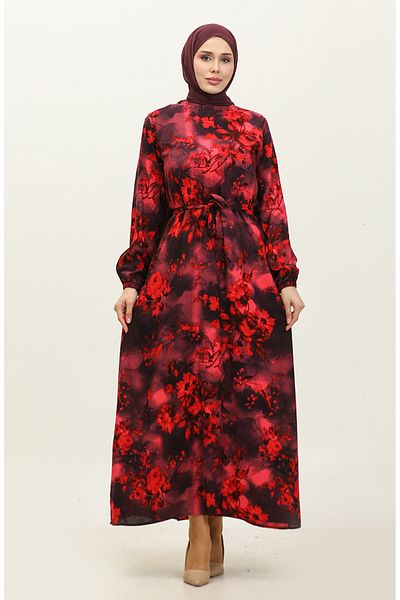 sefamerve Ahsen Viscose Dress 0329-11 - Navy Blue Red Floral Pattern