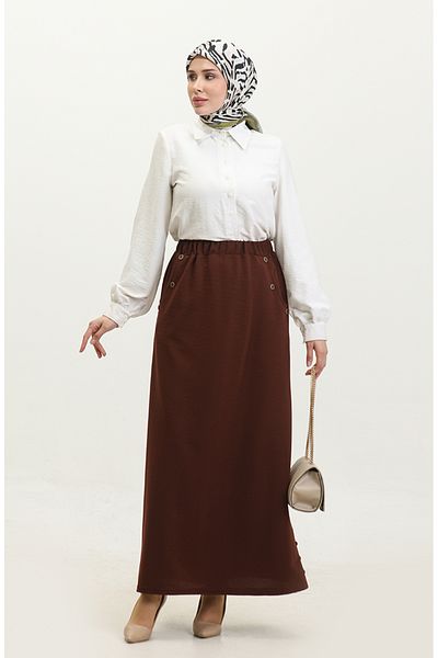 sefamerve Tan Plus Size Φούστα 4208-02 - Λεπτομέρεια με κουμπιά
