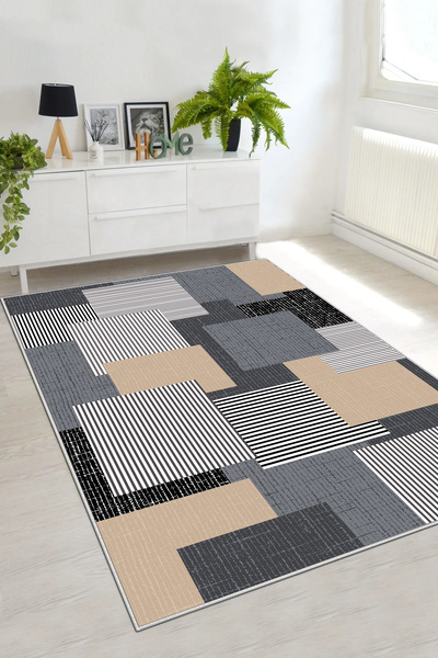 df home Salon Halısı Geometrik İskandinav Eskitmeli Dijital Baskı Yıkanabilir...