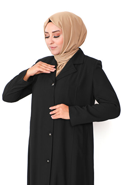 sefamerve Büyük Beden Düğmeli Pardesü 2422-01 Siyah