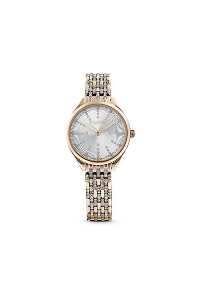 Swarovski ساعة جذابة، صناعة سويسرية، مرصعة، سوار كريستال، لون ذهبي، سطح ذهبي شامبانيا