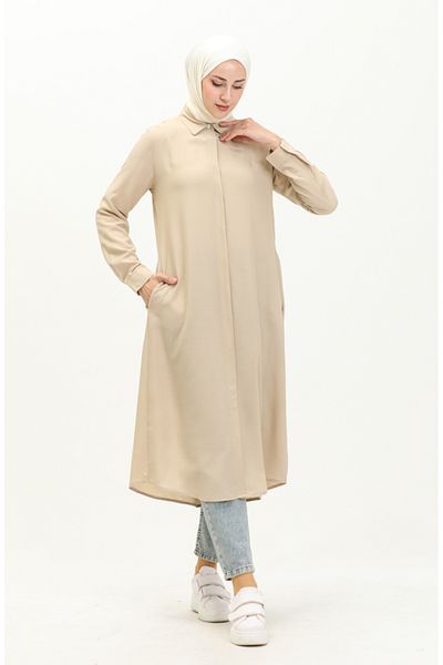 sefamerve Stone Colored Viscose Tunic with Pockets and Hidden Placket - 6435-26