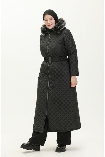 sefamerve Μαύρο Καπιτονέ Παλτό 5158-04 - Plus Size και ζώνη