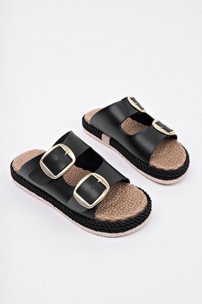 bakacstore Women's Black Daily Double Buckle Comfortable Sole Straw Sandals Slippers
