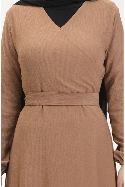 sefamerve Bürümcük Kumaş Yandan Bağlamalı Elbise 1033-05 Sütlü kahve