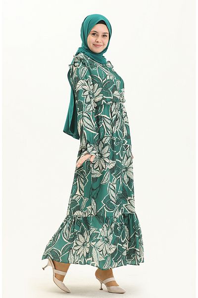 sefamerve Emerald Green Patterned Ruffle Dress - 5951-01
