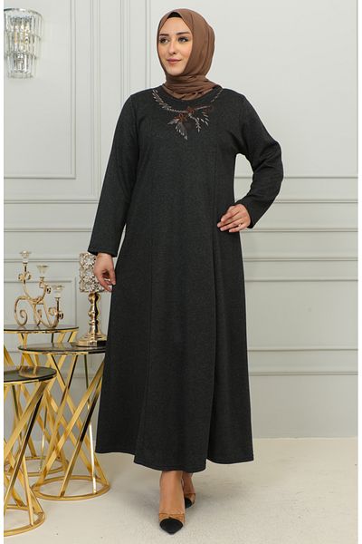 sefamerve Plus Size Μαύρο Πλεκτό Φόρεμα με Λεπτομέρεια Κεντήματος - 4878-01
