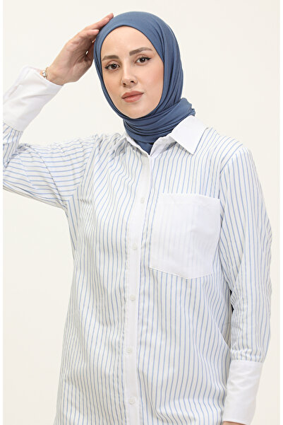 sefamerve Çizgili Garnili Tunik 4821-05 Beyaz Mavi