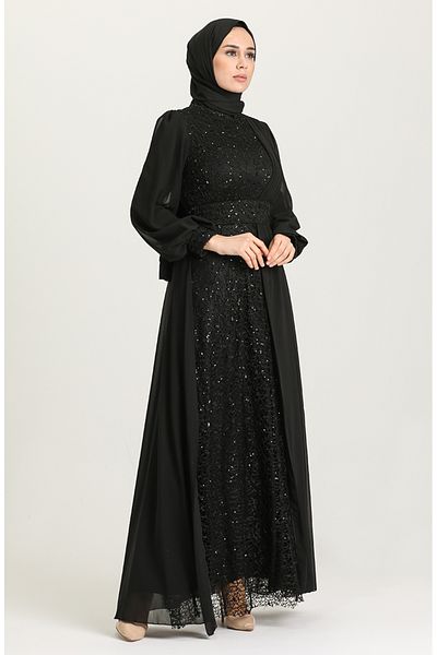 sefamerve Black Sequined Evening Dress - 5408-02