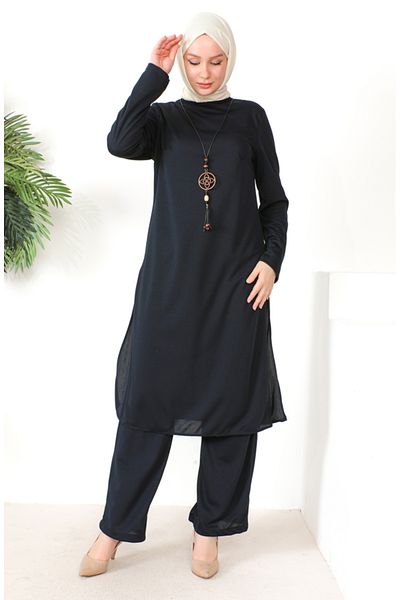 sefamerve Σετ κολιέ τουνίκ και παντελόνι Navy Blue - 8585-04