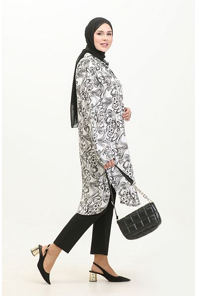 sefamerve 2022F-02 Patterned White Large Size Shirt Tunic