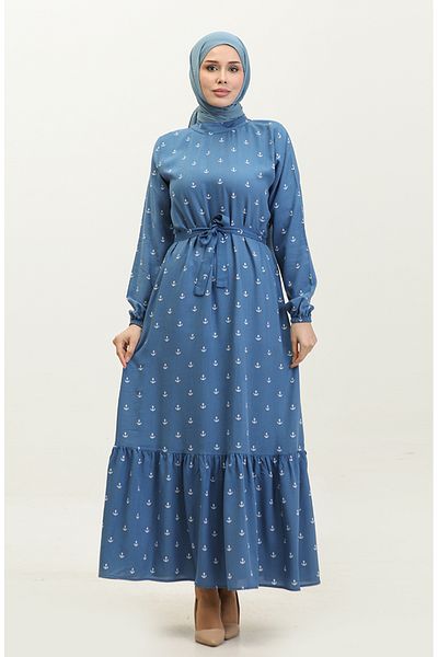 sefamerve Indigo Berra Anchor Patterned Cotton Viscose Dress - 0344-05