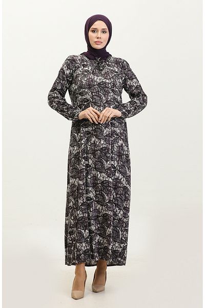 sefamerve Μωβ στάμπα Viscose Plus Size Φόρεμα - 44851D-01