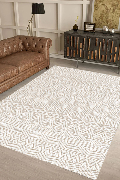 UZZA Salon Halısı Geometrik İskandinav Eskitmeli Dijital Baskı Yıkanabilir Ka...