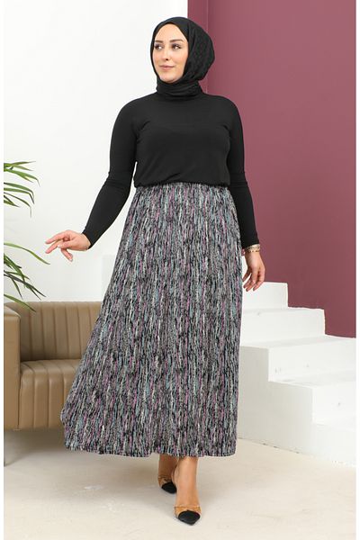 sefamerve Ροζ στάμπα Plus Size Ελαστική μέση φούστα - 2830C-03