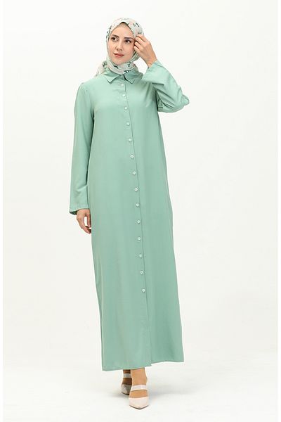 sefamerve Viskose-Kleid mit gerafften Ärmeln und Knöpfen 5109-02 Aqua Green