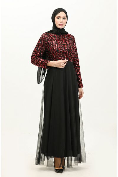 sefamerve Black Red Sequined Tulle Evening Dress - 3412-04