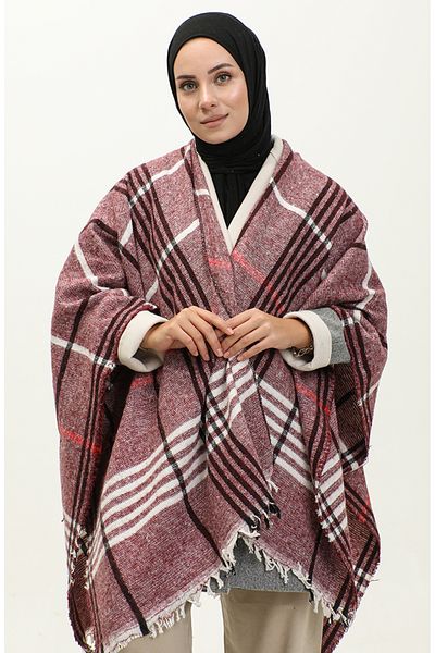 sefamerve Poncho cu model dungi roșii Claret - Model 2054-06